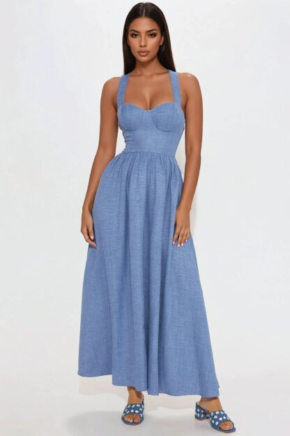 Vestido Largo Estilo Denim con Escote Corazón