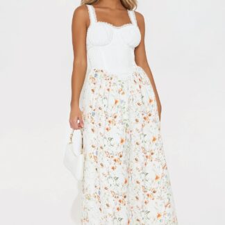 Vestido Largo Floral con Corsé y Detalles en Encaje