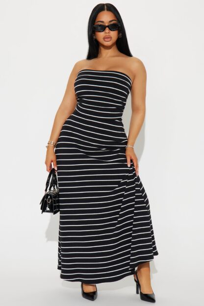 Vestido Largo Acanalado sin Tirantes con Detalles Fruncidos