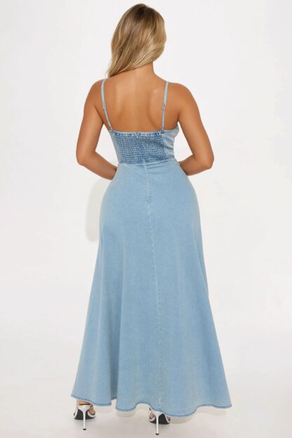 Vestido Denim Maxi Línea A con Escote Corazón y Tirantes Ajustables - Image 3