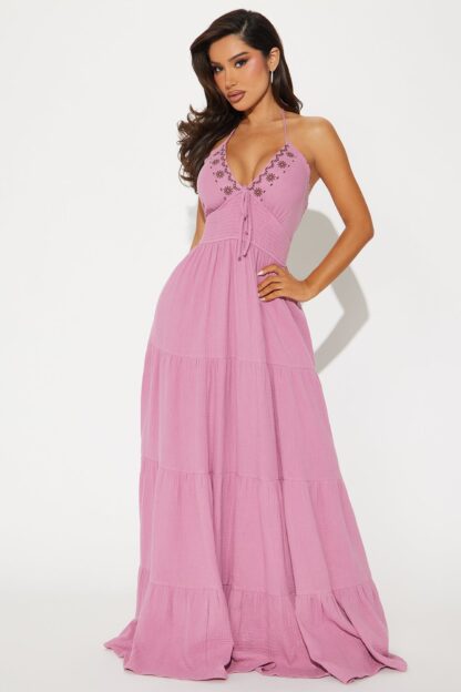 Vestido Largo de Gasa con Cuello Halter y Cintura Fruncida - Image 4