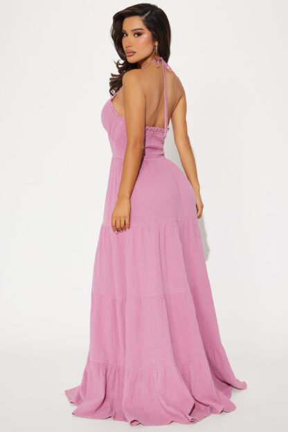Vestido Largo de Gasa con Cuello Halter y Cintura Fruncida - Image 6