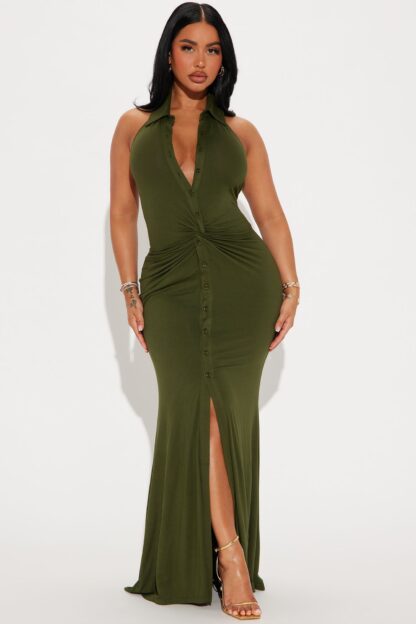 Vestido Largo Monocromático con Cuello Halter y Espalda Descubierta - Image 27