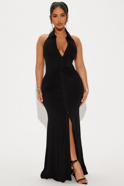 Vestido Largo Monocromático con Cuello Halter y Espalda Descubierta - Image 15