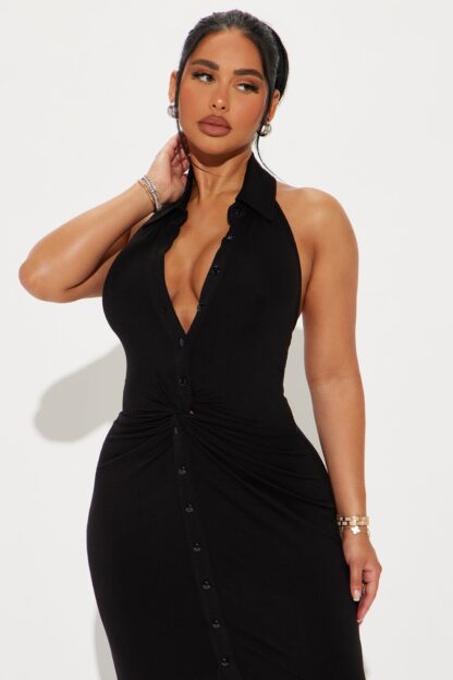 Vestido Largo Monocromático con Cuello Halter y Espalda Descubierta - Image 16